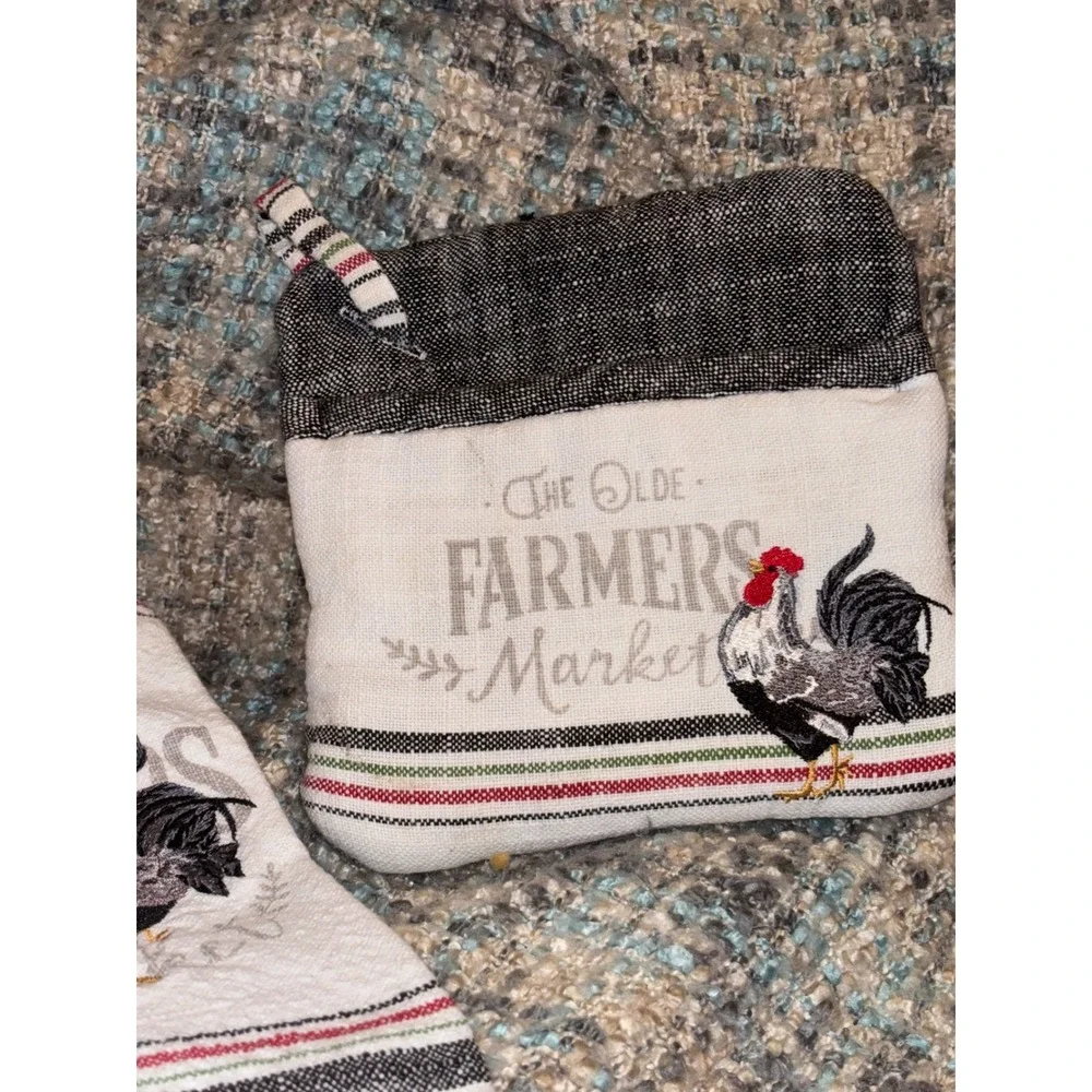 The Olde Farmers Market Rooster Kitchen Set 2 Towels & 1 Pot Holder Farmhouse